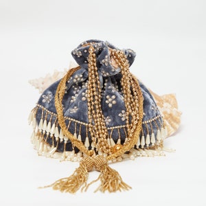 Honeyfeinated Velvet Beaded Rhinestone Potli Bag Gray