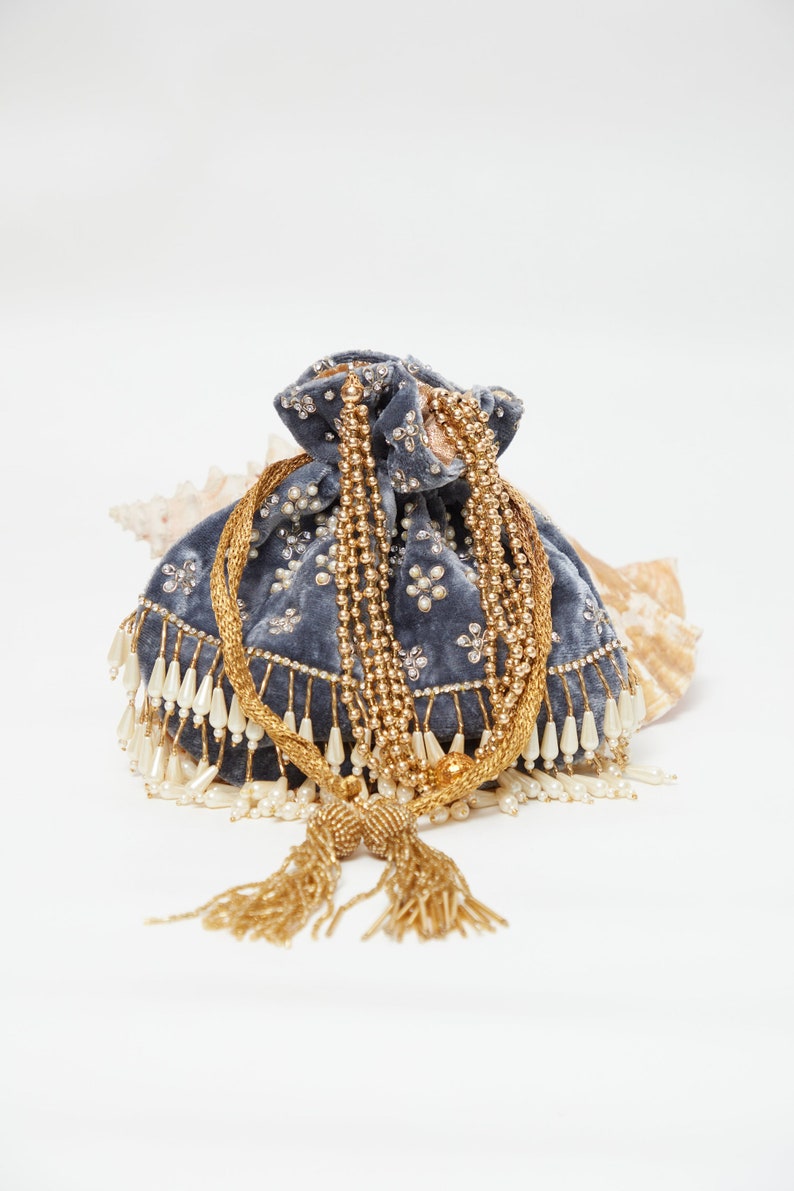 Honeyfeinated Velvet Beaded Rhinestone Potli Bag Gray