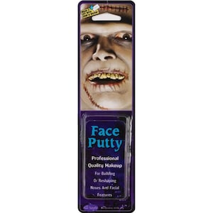 May include: Face putty packaging showing a zombie face with stitched wounds and yellow teeth. The package includes the text "Face Putty" and details about professional quality makeup for building or reshaping noses and facial features.