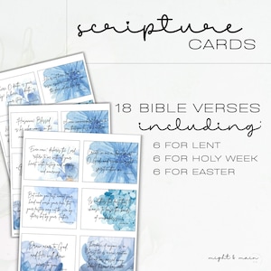 Printable Bible Verse Cards, Christian Holy Week, Prayer Cards, Prayer Request Cards, Blue Watercolor flower, 18 Easter Lent Scripture Cards