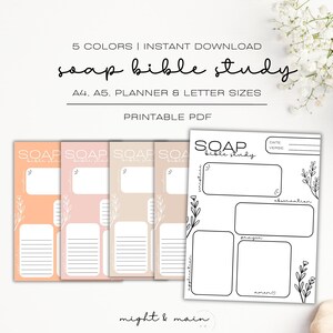 Puede incluir: Páginas imprimibles de planificador de estudio bíblico SOAP en cinco colores: melocotón, rosa, beige, marrón claro y blanco. Las páginas incluyen secciones para las Escrituras, la observación, la aplicación, la oración y el amén. El texto "SOAP Bible Study" está en la parte superior de la página.