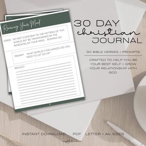 Diário de estudo bíblico de 30 dias com devocional diário e versículo bíblico | Diário de fé para impressão | Diário das Escrituras diário | Guia de estudo bíblico
