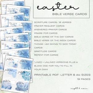 Easter Lent Scripture Cards, 18 Printable Bible Verse Cards, Christian Holy Week, Prayer Cards, Prayer Request Cards, Blue Watercolor flower