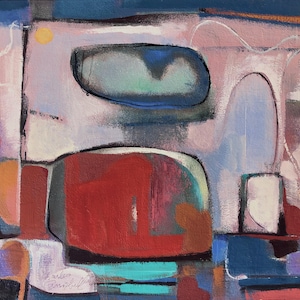 Midcentury Original Fine Art by Charles Malcolm Campbell (1905–1985); ca 1960s, &quot;Abstract,&quot; a vibrant vintage cubist-style piece in pink/red