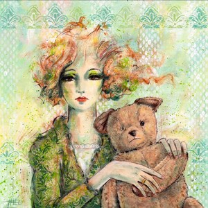 May include: An artistic painting of a woman with orange and green hair, wearing a green jacket, holding a brown teddy bear. The background is a mix of green and white with a decorative pattern. The woman has red lipstick and green eyeshadow.