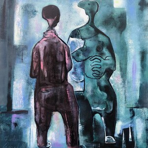 Midcentury Original Fine Art by Charles Malcolm Campbell (1905–1985); &quot;Work in Progress,&quot; figurative of two men, warm blue-greens/magenta