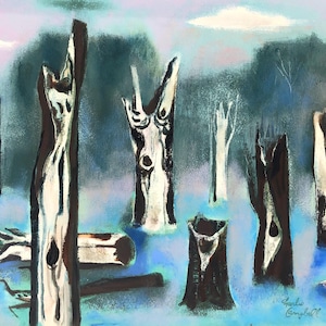 Midcentury Original Fine Art by Charles Malcolm Campbell (1905–1985); ca 1965, &quot;Dead Forest,&quot; landscape abstract in striking aqua blue-green