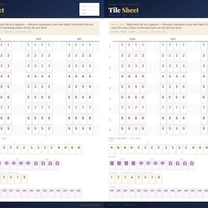 Könnte beinhalten: Zwei identische weiße Tile Sheet Spiel-Tracker mit einem dunkelblauen Rand. Jedes Blatt hat ein Raster aus Zahlen und Zeichen zur Verfolgung des Spielverlaufs. Der Text "TILE SHEET" steht oben.
