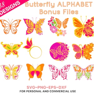 Alfabeto de monograma de mariposa SVG, PNG, alfabetos de marco de monograma, archivo de corte para Cricut, mariposas, 26 archivos de corte individuales + 12 archivos de bonificación