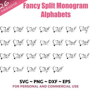 Fancy Split Monogram Alfabet SVG, DXF, PNG, Split Monogram Frame Alfabet, Cut File voor Cricut, Silhouet, 26 Individuele Svg Png Cut Files