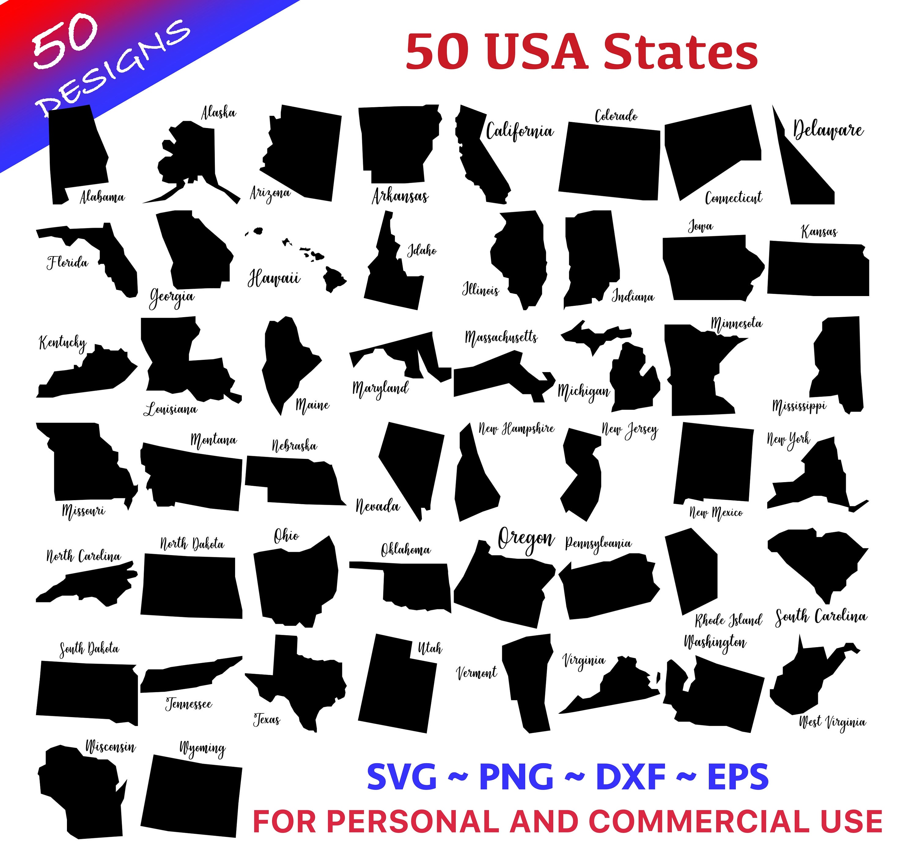 50 US States Map Bundle SVG, States Svg, US State Svg, United States