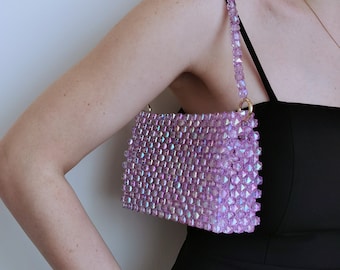 Lilac Crystal bead bag, Purple bead bag, Bead shoulder bag, Women Bead bag, Women handbags, Bead Bag Vintage