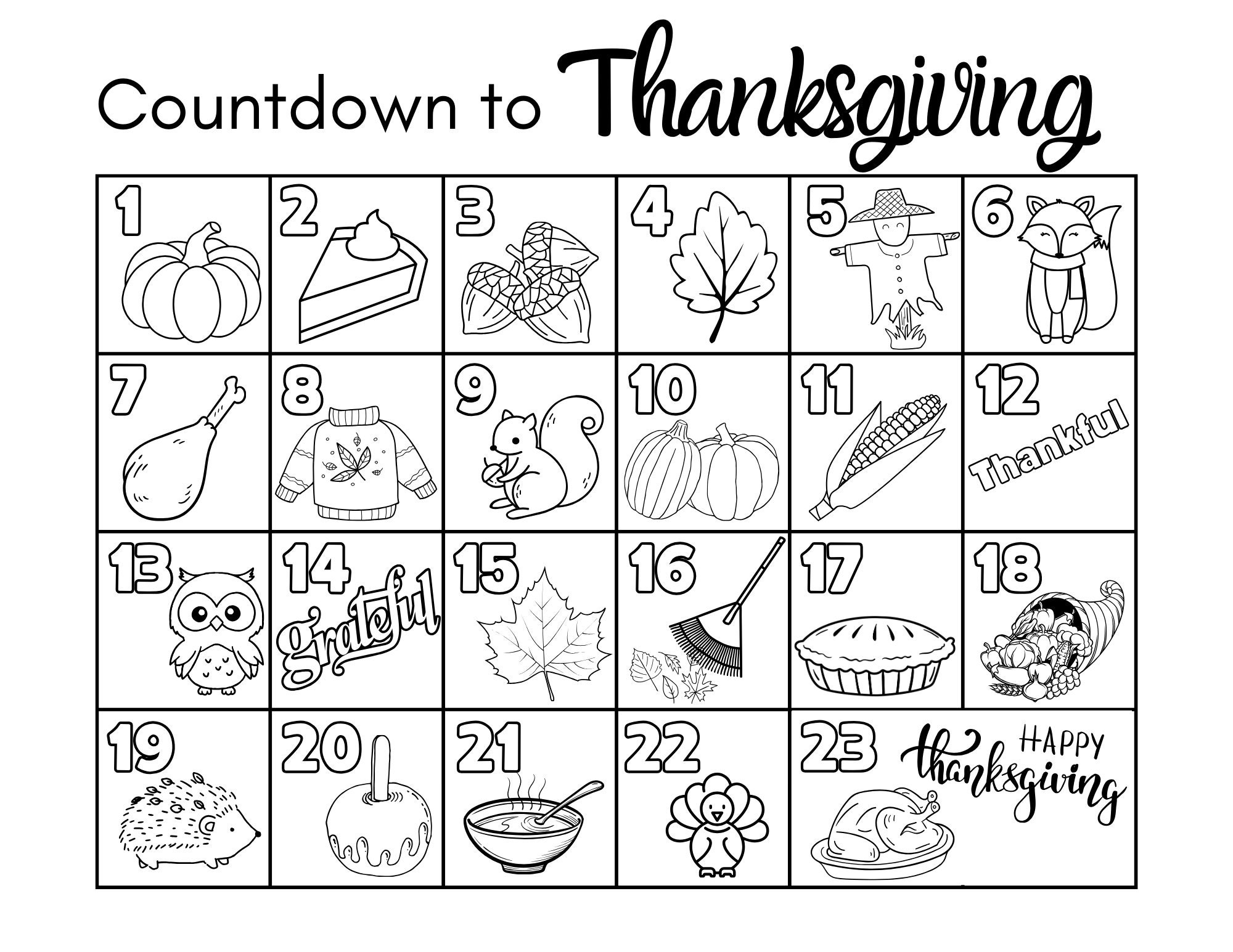 Countdown to Thanksgiving Kids Coloring Page, Printable, Worksheet