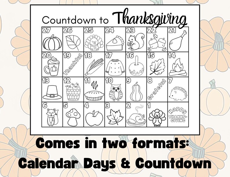 Countdown to Thanksgiving Kids Coloring Page November Calendar
