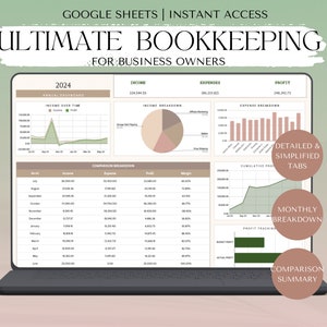 May include: A laptop screen displaying a Google Sheets spreadsheet with a 2024 annual dashboard for business owners. The spreadsheet includes income, expenses, and profit data, as well as charts and graphs. The dashboard is organized into tabs for detailed and simplified information, monthly breakdowns, and comparison summaries.