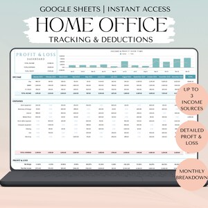 May include: A laptop screen displaying a Google Sheets spreadsheet for tracking home office income and expenses. The spreadsheet includes a profit and loss dashboard, income and profit over time, and a detailed breakdown of expenses. The spreadsheet is designed to track up to three income sources and provides a monthly breakdown of income and expenses.