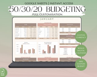 May include: A laptop screen displaying a Google Sheets spreadsheet with a 50/30/20 budgeting template. The spreadsheet is color-coded in shades of brown and pink. The title of the spreadsheet is "50/30/20 Budgeting" and the month is "January". The spreadsheet includes sections for income, expenses, savings, and a budget breakdown. The image also includes text that says "Custom Currency", "Bonus Digital Calendar", and "100% Custom Budget".