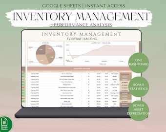 May include: A laptop screen displaying a Google Sheets spreadsheet with a title "Inventory Management + Performance Analysis". The spreadsheet includes charts and tables for tracking inventory, orders, and purchases. The spreadsheet is designed to help businesses manage their inventory and track their performance.