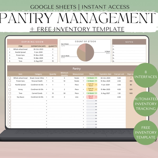 Pantry Kitchen Inventory Management with Household Checklist, track food list and inventory for household Stock Template Google Sheets Track