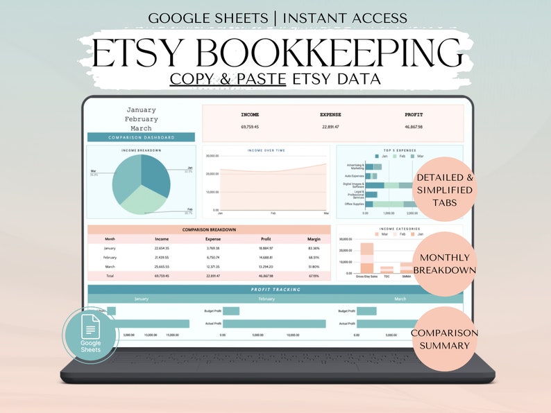 Etsy Business Bookkeeping spreadsheet template track income and expenses inventory management stock tracker monthly budgeting entrepreneur bookkeeping business tax management Etsy tax tracker record income and sales on Etsy Google Sheets Accounting