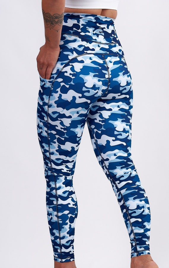 Compression High Waist Blue Camo Leggings With Pockets 