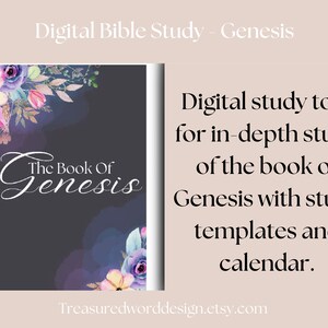 May include: Digital Bible Study of Genesis. The cover features floral watercolor art in shades of purple, pink, and blue. The title "The Book of Genesis" is in elegant script. Text on the right describes the digital study tool.