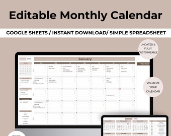 Editable Monthly Calendar Template: Automated Google Sheets Planner (Digital Download)