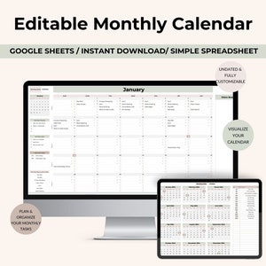 Editable Monthly Calendar Monthly Planner Template Google Sheets