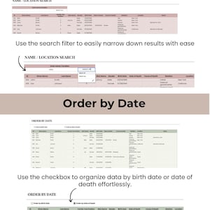 May include: A screenshot of a computer screen showing a table with data about people. The table has columns for given name, last name, family tree position, nick name, gender, birth date, date of death, cause of death, relation, and location. The table is titled "Name & Location Search" and "Order by Date".