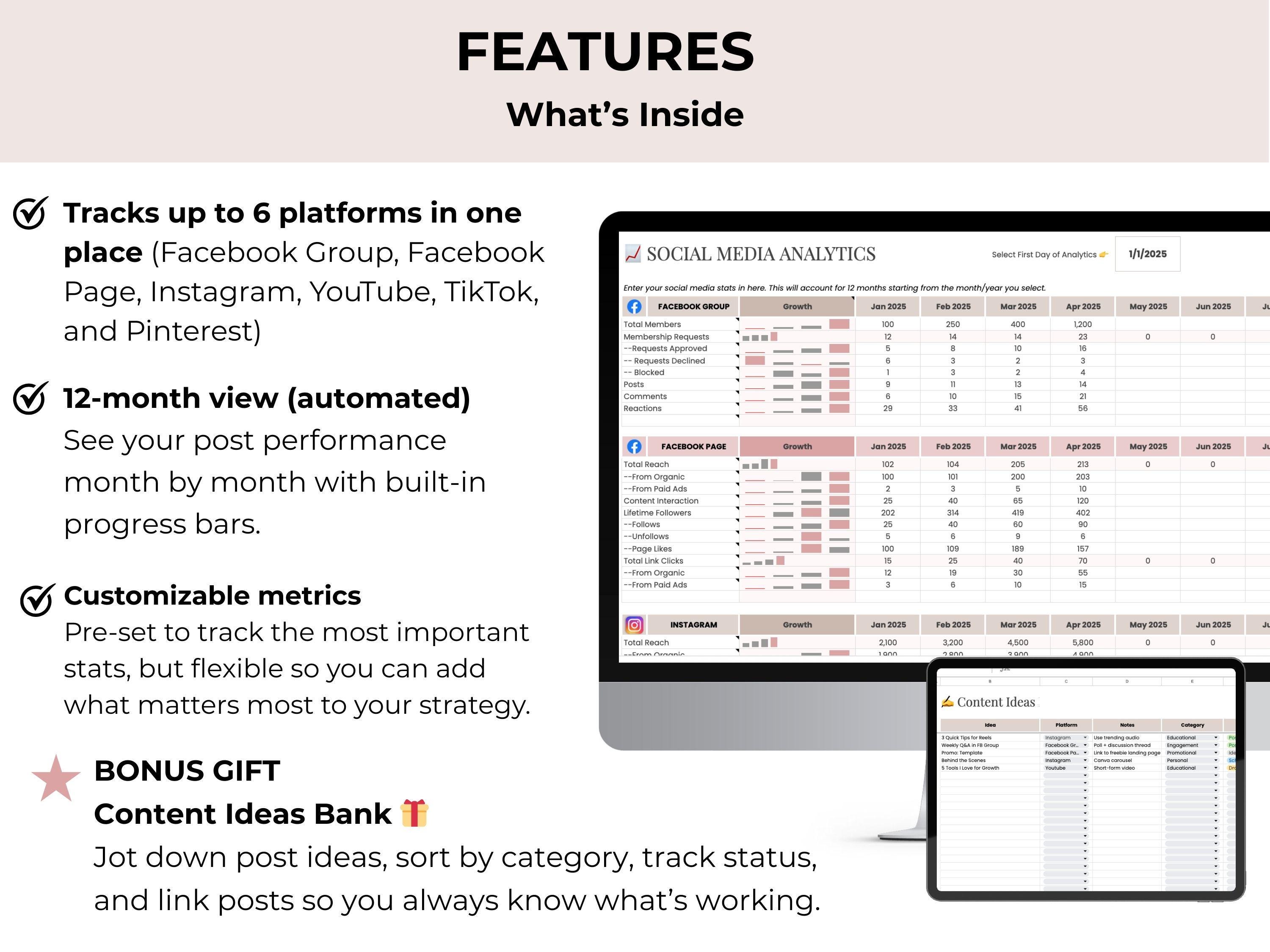 Social Media Analytics Tracker Google Sheets: 12-month Post ...