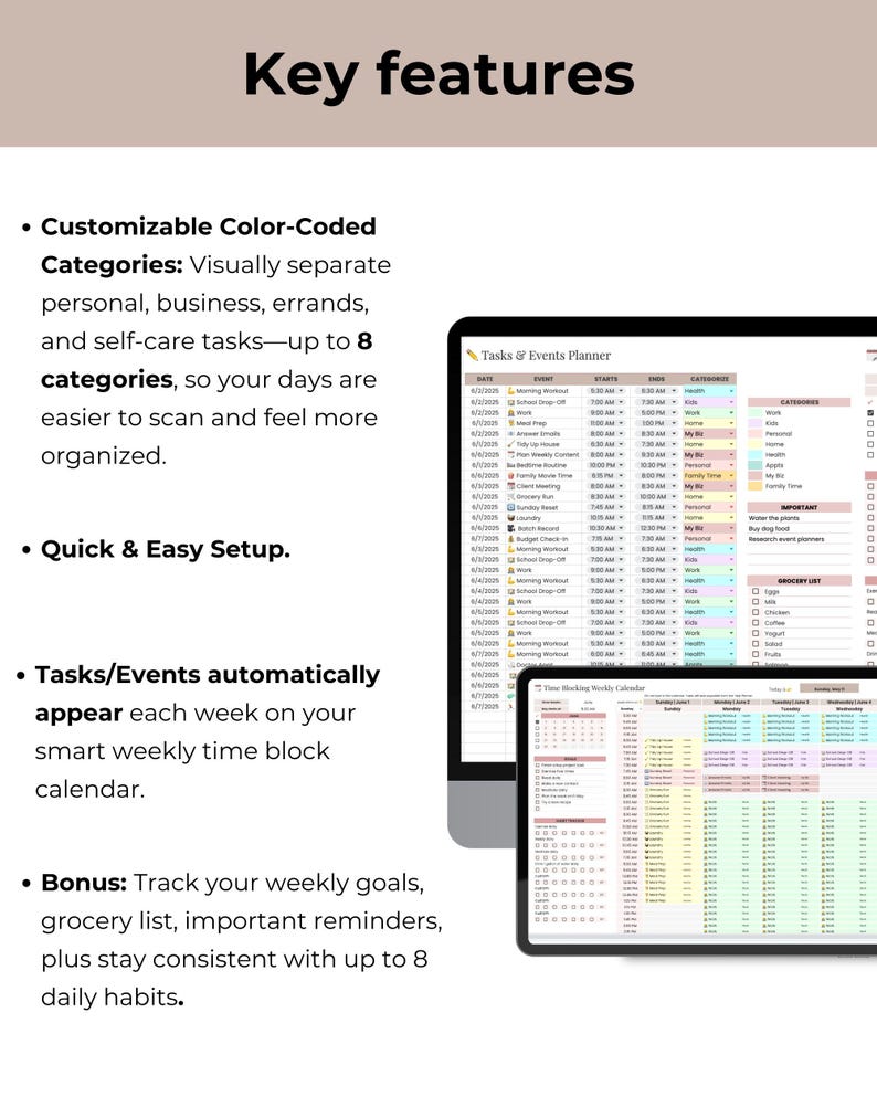 Taskings List Color Coded Weekly Time Block Schedule Google Sheets: Task Organization (digital ...
