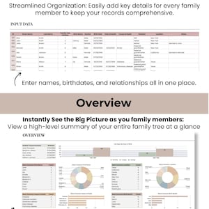 May include: A spreadsheet with a table showing family tree information. The table includes columns for ID, Given Name, Last Name, Family Tree Position, Nick Name, Gender, Birth Date, Date of Death, Cause of Death, Relation, Location, and Notes. The spreadsheet also includes a chart showing the most common first names, locations, causes of death, and birth months. The chart is divided into four sections, each with a different color scheme. The chart is titled "Overview".
