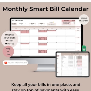 May include: A digital screen displaying a Google Sheets spreadsheet for a monthly bill calendar. The spreadsheet is designed to help users manage their bills and track their spending. The spreadsheet includes a calendar view, a bill tracker, and a bonus tracker. The spreadsheet is easy to use and can be reused year after year.