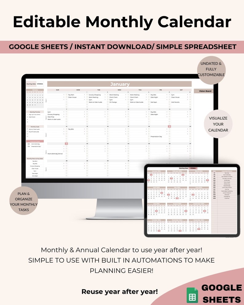 Editable Monthly Calendar Monthly Planner Template Google Sheets ...