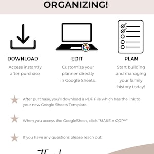 May include: A digital illustration showing three steps to organizing: download, edit, and plan. The download step shows a download icon. The edit step shows a laptop with a Google logo. The plan step shows a checklist. The text "DOWNLOAD, EDIT, + START ORGANIZING!" is at the top of the image. The text "GOOGLE SHEETS" is at the bottom of the image.