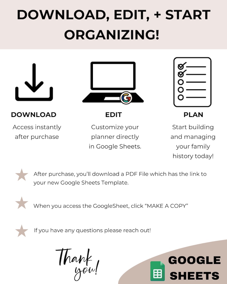 May include: A digital illustration showing three steps to organizing: download, edit, and plan. The download step shows a download icon. The edit step shows a laptop with a Google logo. The plan step shows a checklist. The text "DOWNLOAD, EDIT, + START ORGANIZING!" is at the top of the image. The text "GOOGLE SHEETS" is at the bottom of the image.