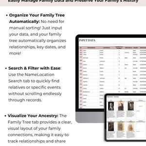 May include: A screenshot of a computer screen showing a software program for organizing family trees. The program has a spreadsheet-like interface for entering family member data and a visual family tree layout. The text on the screen reads "Key Features" and "Easily Manage Family Data and Preserve Your Family's History".