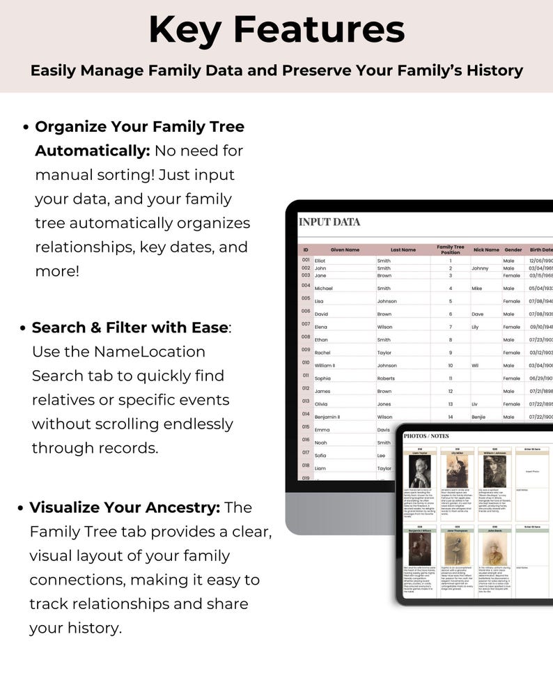 May include: A screenshot of a computer screen showing a software program for organizing family trees. The program has a spreadsheet-like interface for entering family member data and a visual family tree layout. The text on the screen reads "Key Features" and "Easily Manage Family Data and Preserve Your Family's History".