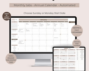 Editable Monthly Planner Google Sheets Template, Automated Calendar Spreadsheet, Sunday or Monday Start Date, Undated Schedule, To Do List