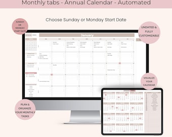 Editable Monthly Calendar template, Automated Google Sheets Planner, Sunday or Monday Start Date, Year at a Glance, To Do List Spreadsheet
