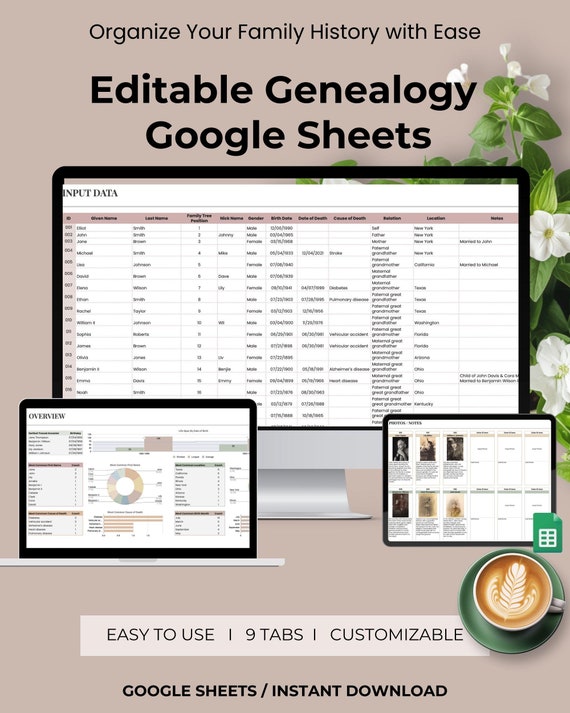 Editable Genealogy Template: Family Tree & Ancestry Organizer Google sheet