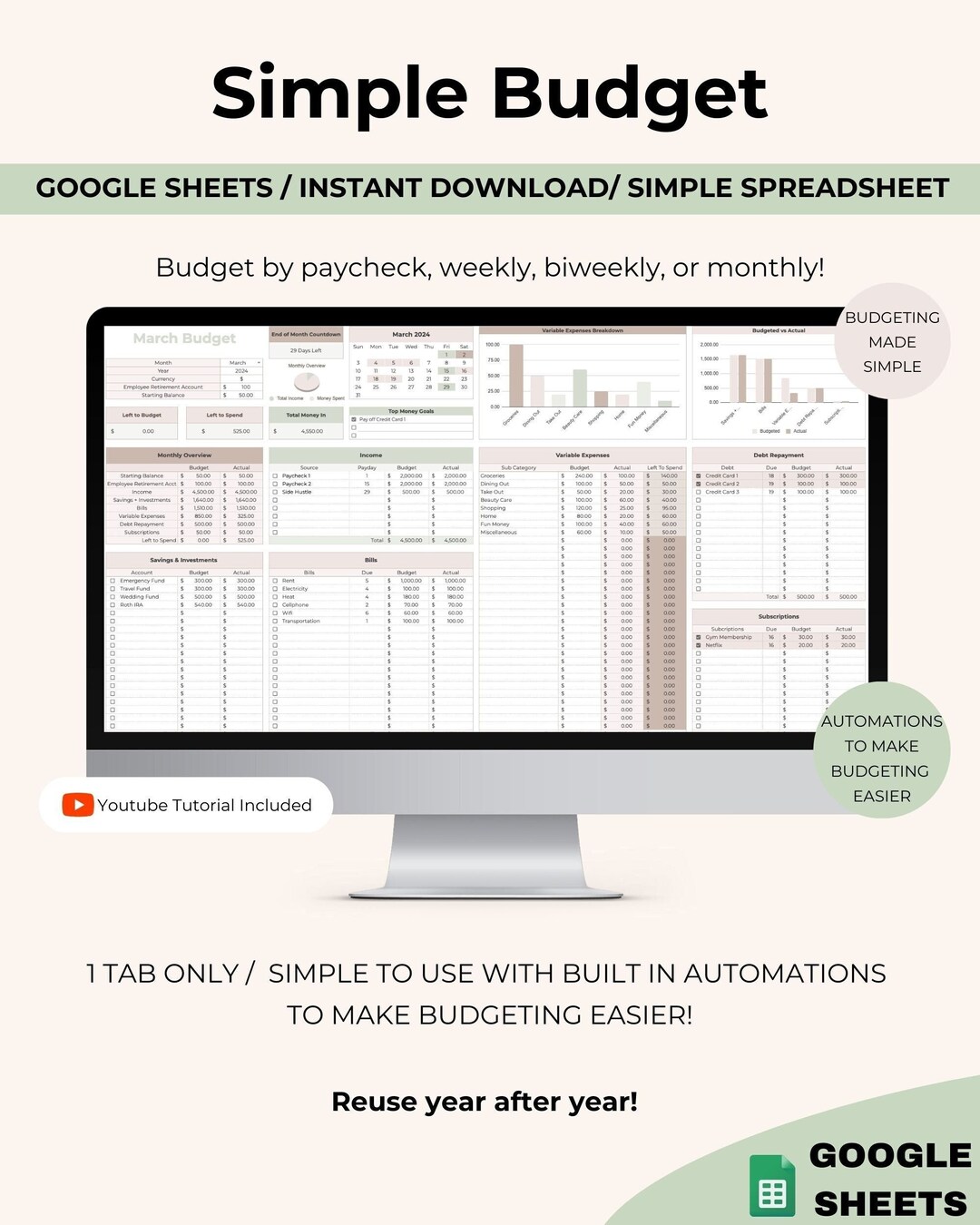 Bi Weekly Budget Google Sheets Template, Weekly, Bi Monthly, Monthly ...