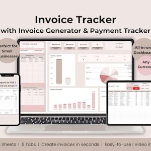 May include: A digital invoice tracker displayed on a laptop, tablet, and smartphone. The interface features charts, tables, and the text "Invoice Tracker with Invoice Generator & Payment Tracker." The design includes the text "Export as PDF / Send via email" and "All-in-one Dashboard."