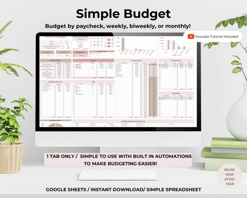 Simple budget spreadsheet on a desktop