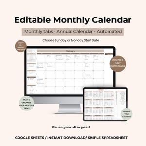 Monthly Task Planner Google Sheets, Undated Planner Spreadsheet, To Do List with Sunday or Monday Start