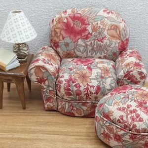 Dollhouse 1/12 scale Miniature &#39;Betty&#39; Accent Armchair & Ottoman, Hand made, overstuffed, floral