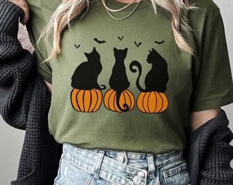 Schwarze Katzen Halloween T-shirt: Gruseliges Katzen-u. Kürbis-Grafik-T-Shirt