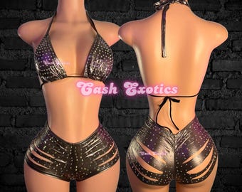 Exotic dancewear, two piece grey metallic shorts set, stripper outfit