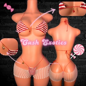 Red and white striped stripper outfit, 3 piece set exotic dancewear
