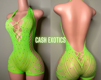 Exotic dancewear, fishnet romper, stripper outfit